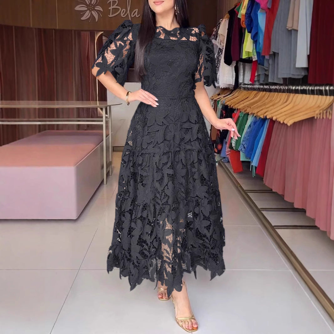 Lace Hollow-out Round-neck Longline Waist-cinching Dress