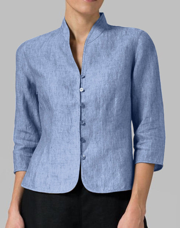 Women’s Slim V-Neck Button Jacket – 3/4 Sleeve Stand Collar Top