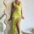 V-Neck Pleated Flutter Strap Maxi Dress