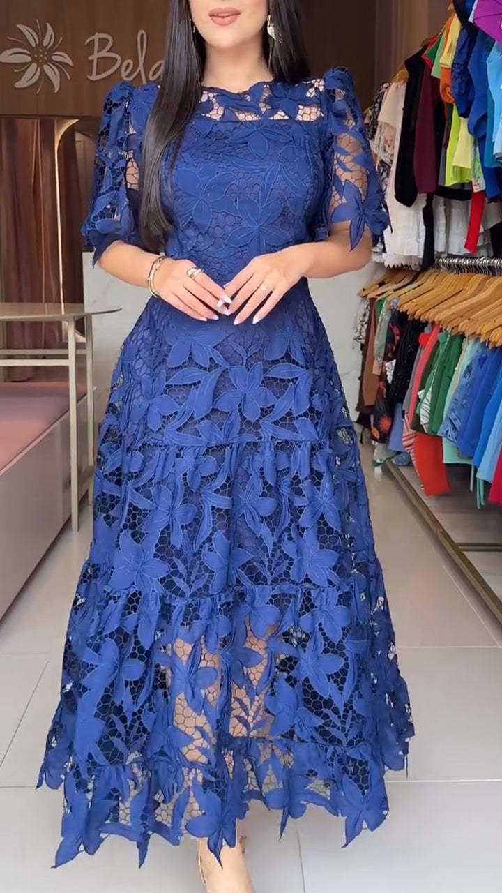 Lace Hollow-out Round-neck Longline Waist-cinching Dress