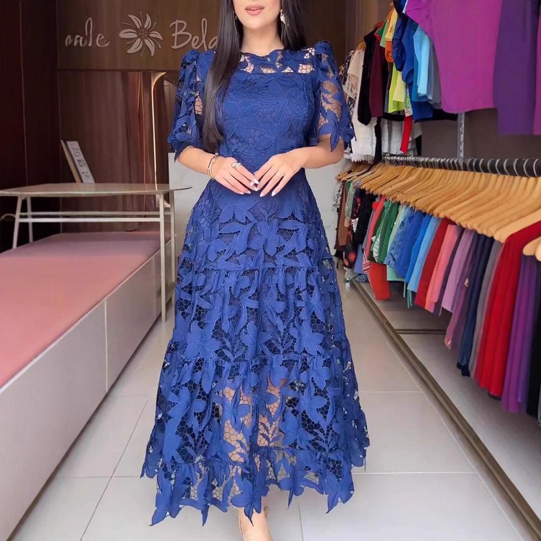 Lace Hollow-out Round-neck Longline Waist-cinching Dress