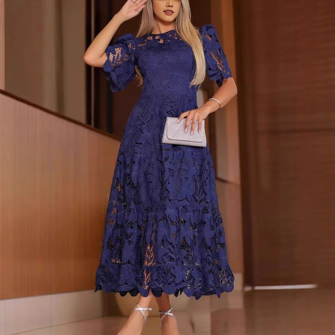 Lace Hollow-out Round-neck Longline Waist-cinching Dress