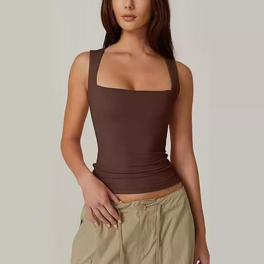 Summer Square-neck Tank Vest Slim Solid Sleeveless Tops For Women Clothing