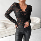 V-Neck Fan-Lapel Solid-Colored Lace Top With A Single Layer