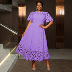 Lace Hollow-out Round-neck Longline Waist-cinching Dress