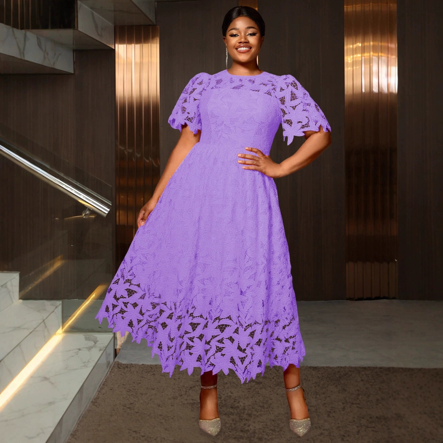 Lace Hollow-out Round-neck Longline Waist-cinching Dress