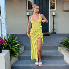V-Neck Pleated Flutter Strap Maxi Dress