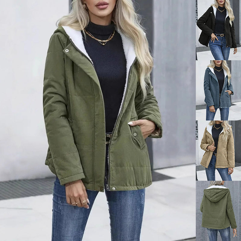Women’s Fleece Lined Hooded Coat – Warm Winter Cotton Jacket with Pockets