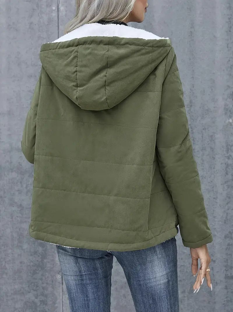 Women’s Fleece Lined Hooded Coat – Warm Winter Cotton Jacket with Pockets