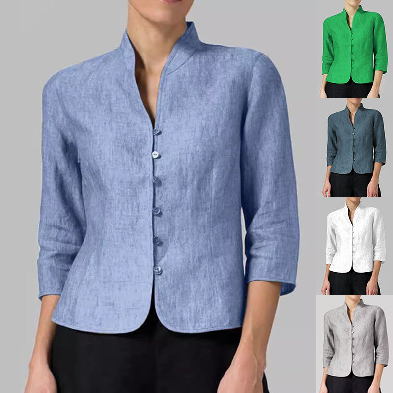 Women’s Slim V-Neck Button Jacket – 3/4 Sleeve Stand Collar Top