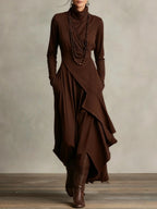 Solid Color Long Sleeve Cross Wrap High Neck Maxi Dress