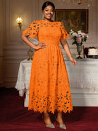 Lace Hollow-out Round-neck Longline Waist-cinching Dress