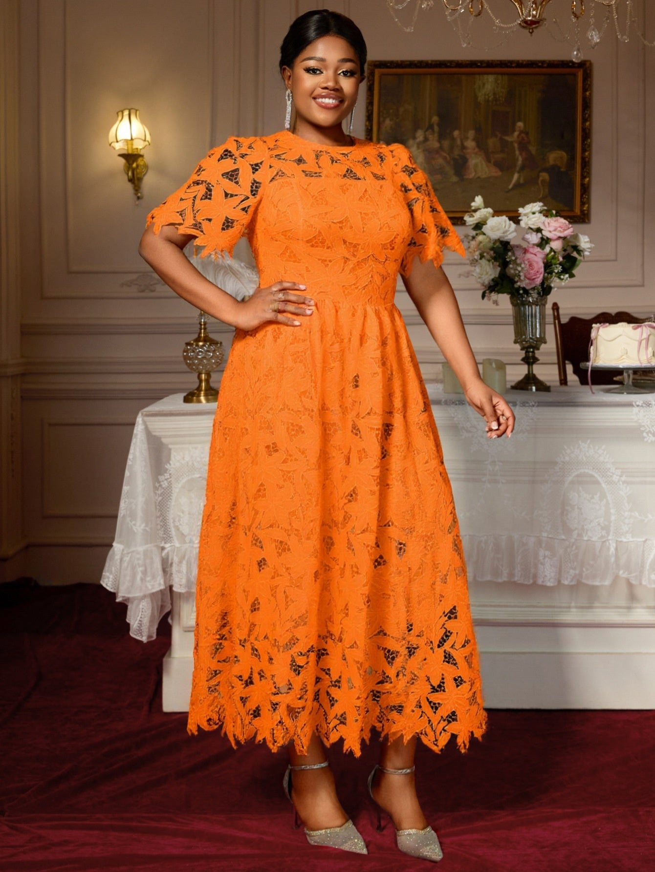 Lace Hollow-out Round-neck Longline Waist-cinching Dress