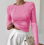 Slim Long Sleeve T-shirt Solid Color Split Thread Knitted Top for womens