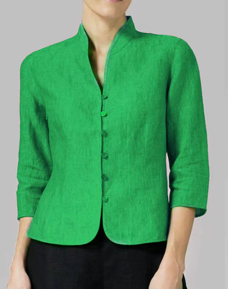 Women’s Slim V-Neck Button Jacket – 3/4 Sleeve Stand Collar Top