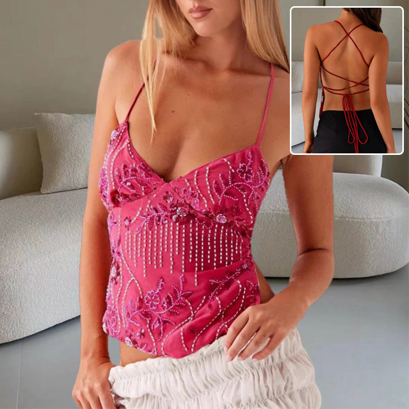 Bandeau Sling Tops Summer V-neck Flower Beaded Backless Vest
