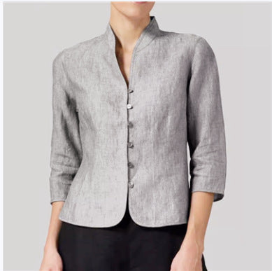 Women’s Slim V-Neck Button Jacket – 3/4 Sleeve Stand Collar Top