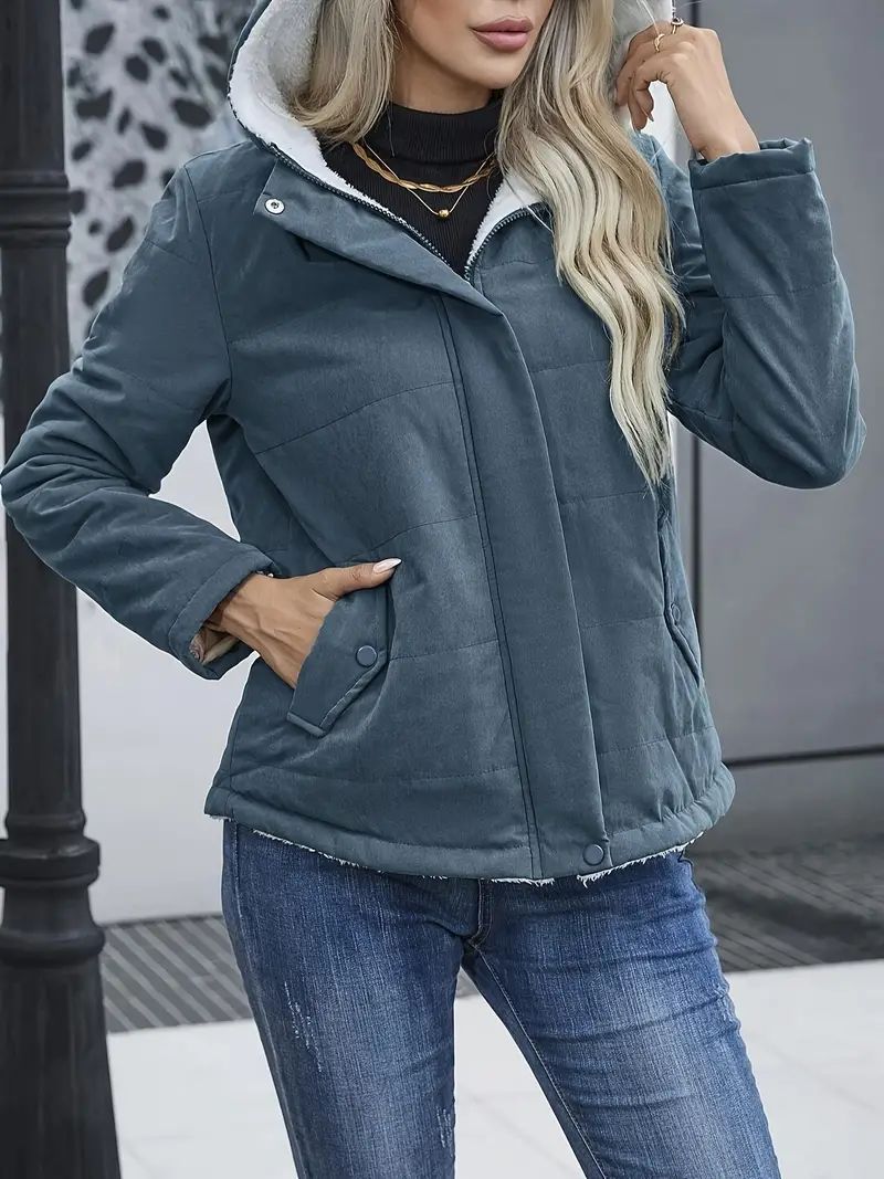 Women’s Fleece Lined Hooded Coat – Warm Winter Cotton Jacket with Pockets