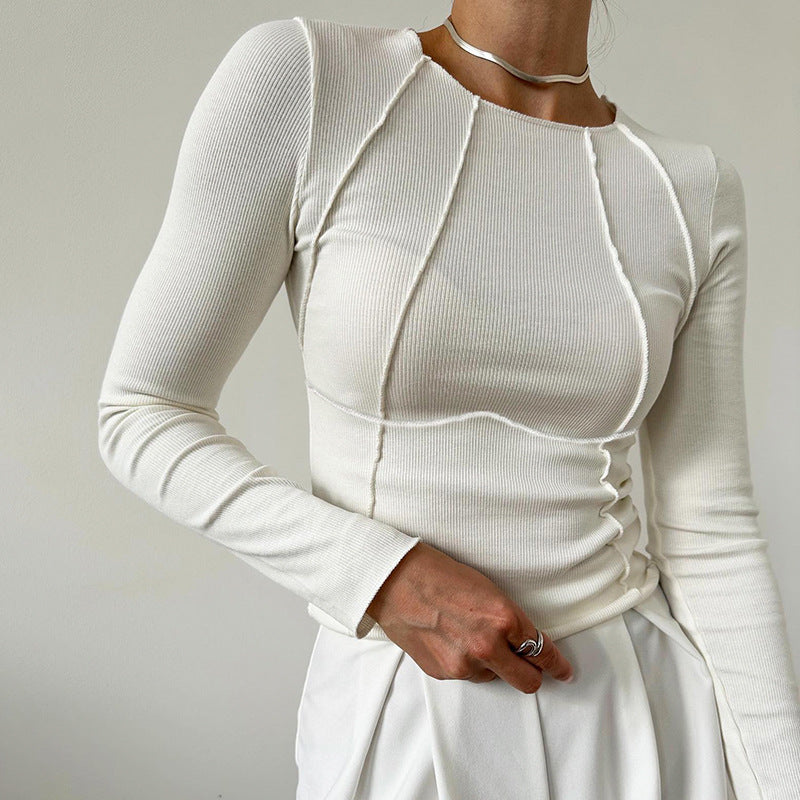 Slim Long Sleeve T-shirt Solid Color Split Thread Knitted Top for womens