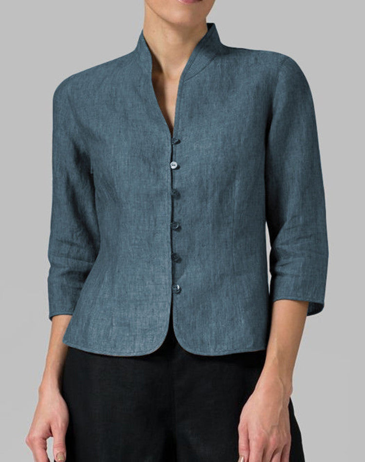 Women’s Slim V-Neck Button Jacket – 3/4 Sleeve Stand Collar Top