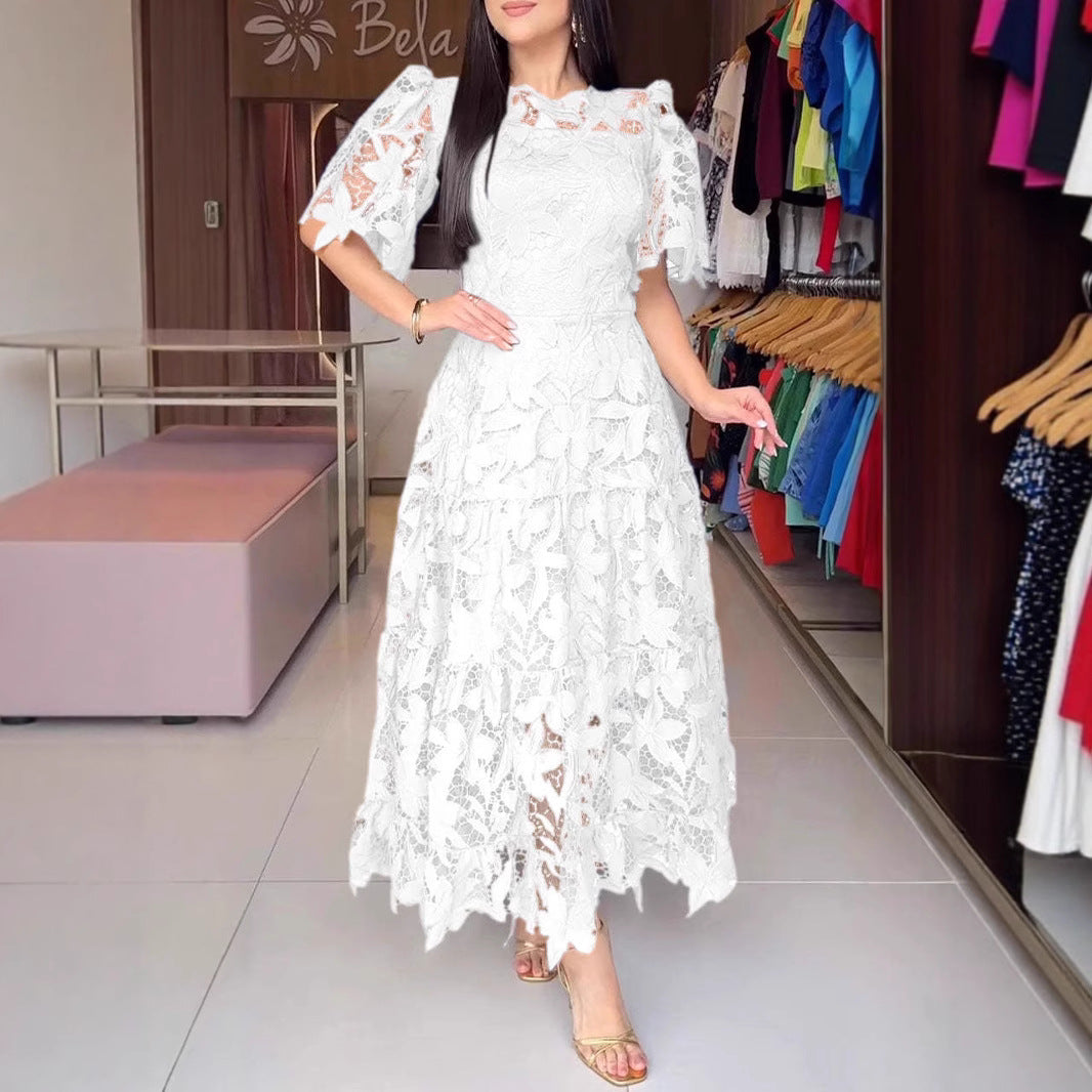 Lace Hollow-out Round-neck Longline Waist-cinching Dress
