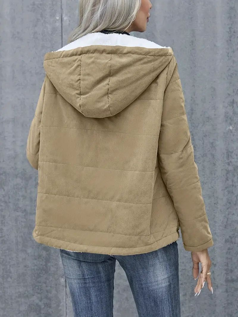 Women’s Fleece Lined Hooded Coat – Warm Winter Cotton Jacket with Pockets