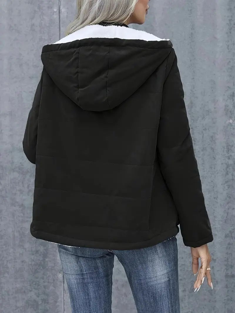 Women’s Fleece Lined Hooded Coat – Warm Winter Cotton Jacket with Pockets