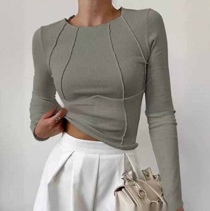 Slim Long Sleeve T-shirt Solid Color Split Thread Knitted Top for womens