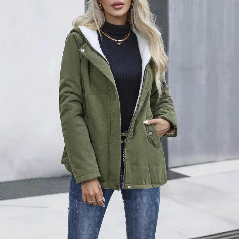 Women’s Fleece Lined Hooded Coat – Warm Winter Cotton Jacket with Pockets