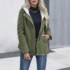 Women’s Fleece Lined Hooded Coat – Warm Winter Cotton Jacket with Pockets