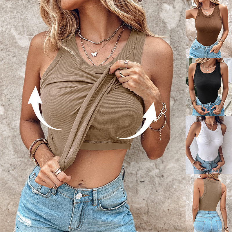 Ins Round Neck Vest With Bra Summer Solid Color Bottom Sleeveless Top