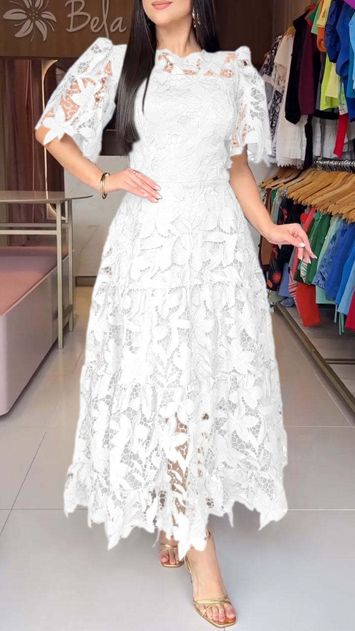 Lace Hollow-out Round-neck Longline Waist-cinching Dress