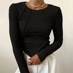 Slim Long Sleeve T-shirt Solid Color Split Thread Knitted Top for womens