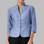 Women’s Slim V-Neck Button Jacket – 3/4 Sleeve Stand Collar Top