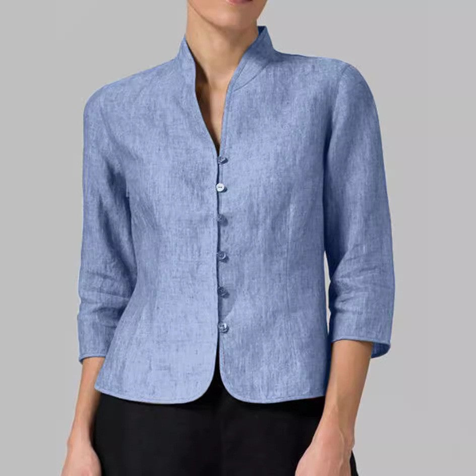 Women’s Slim V-Neck Button Jacket – 3/4 Sleeve Stand Collar Top