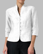 Women’s Slim V-Neck Button Jacket – 3/4 Sleeve Stand Collar Top