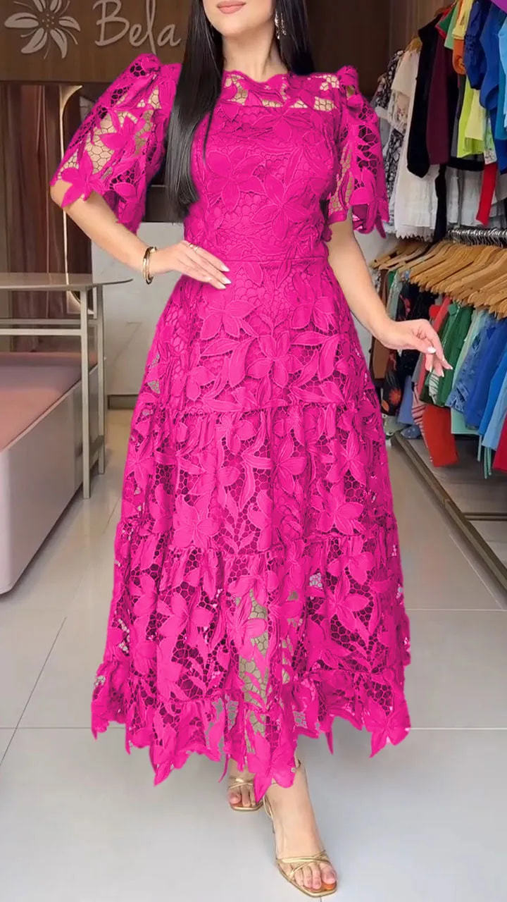 Lace Hollow-out Round-neck Longline Waist-cinching Dress