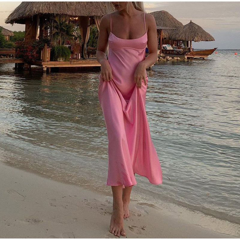 Women Camis Satin Long Sleeveless Slip Backless Dresses
