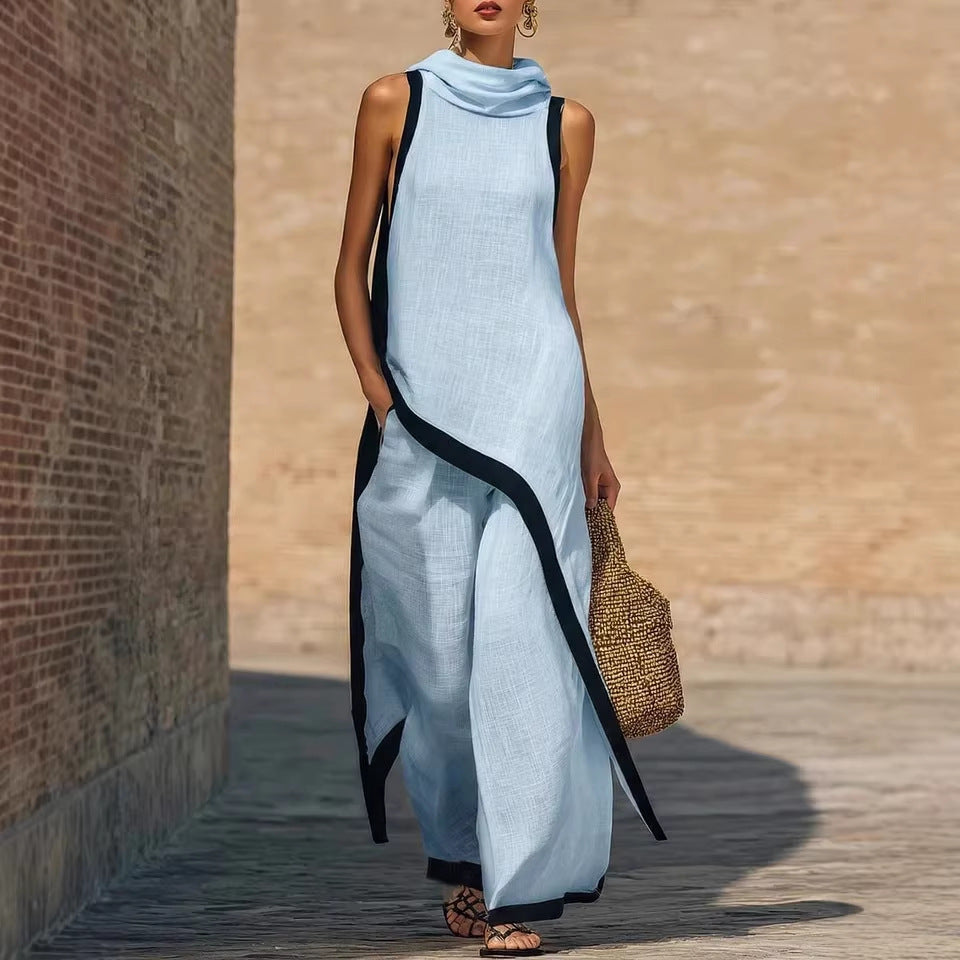 Irregular-cut Hooded Sleeveless Set