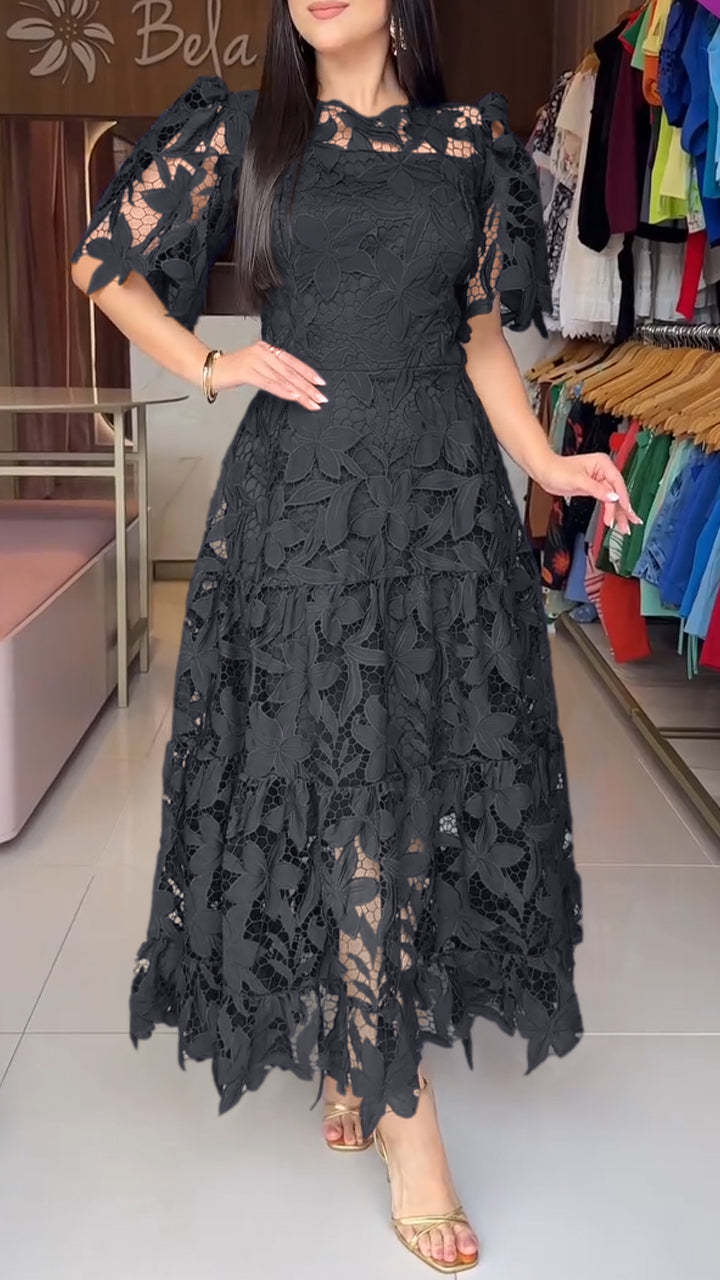 Lace Hollow-out Round-neck Longline Waist-cinching Dress