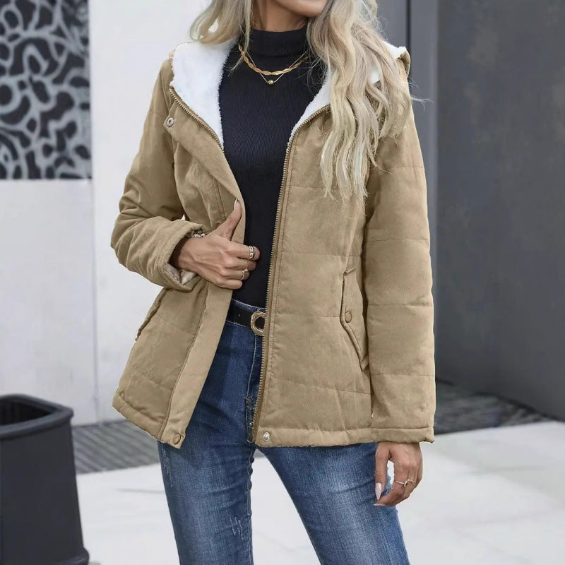 Women’s Fleece Lined Hooded Coat – Warm Winter Cotton Jacket with Pockets