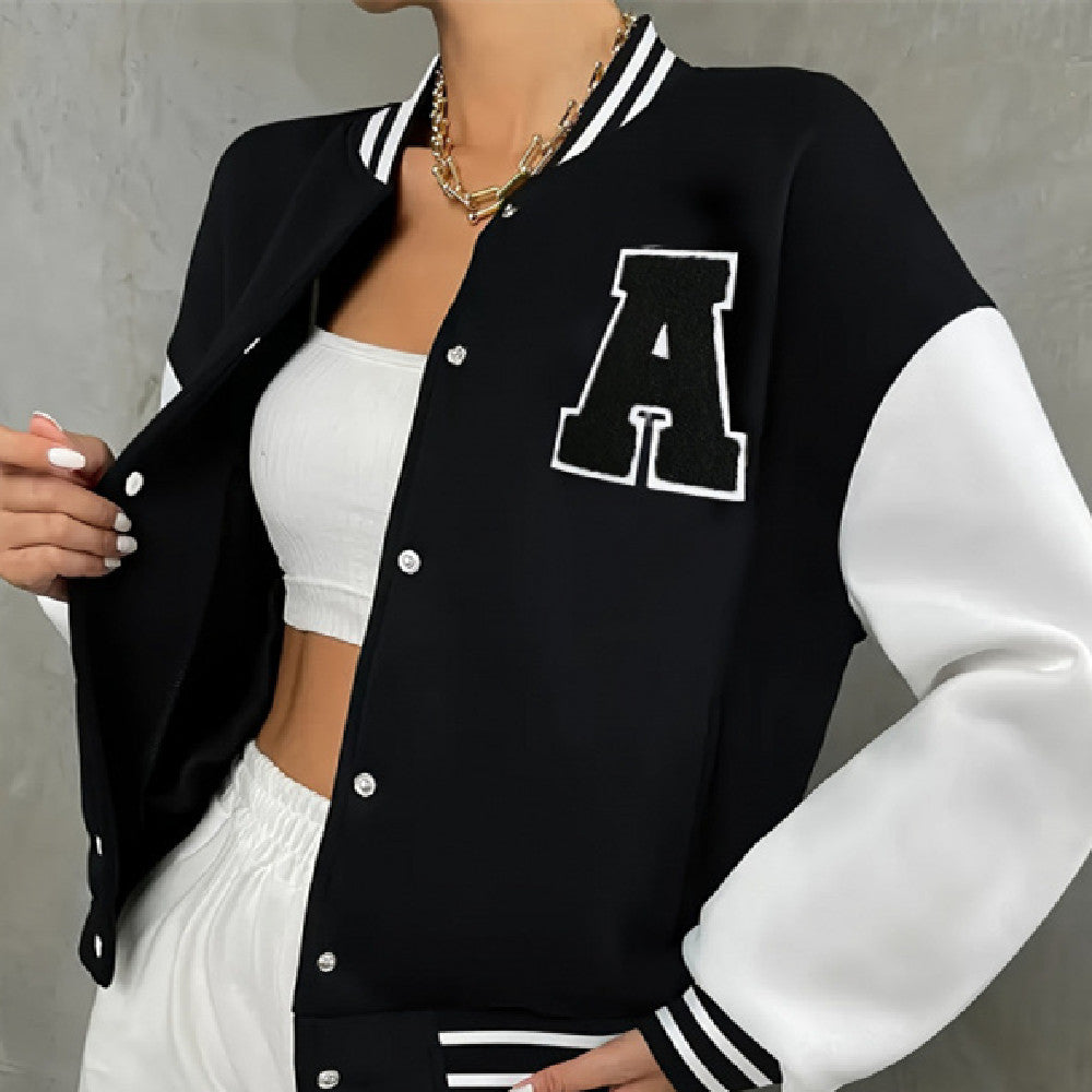 Black and white varsity jacket with a large 'A' on a neutral background